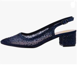 XYD Navy Rhinestone Sheer Mesh Slingback Block Low Heels Pointed Toe Sandals